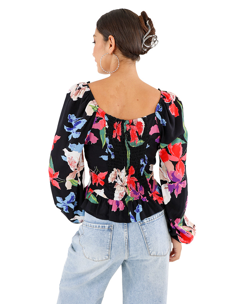 Long Puff Sleeve Bold Floral Peplum Blouse