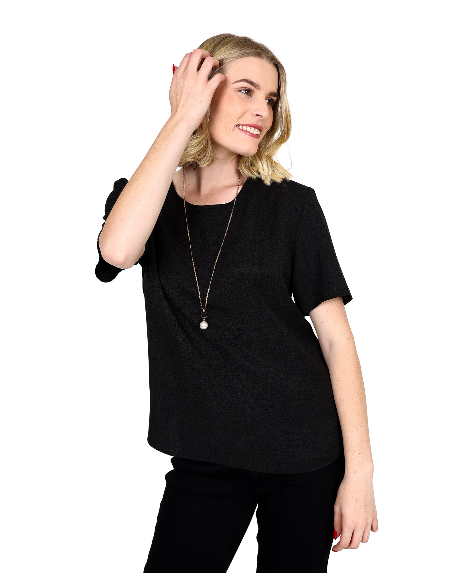 Black Short Sleeve Round Neck Blouse