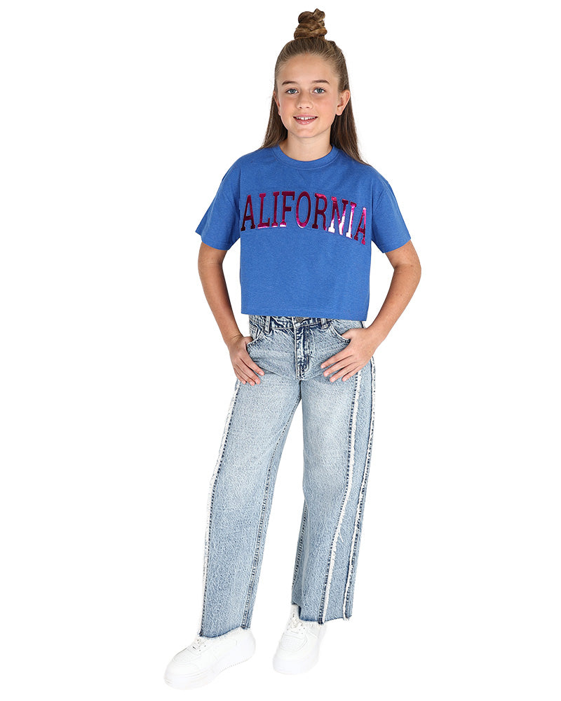 Short Sleeve California Embossed Cropped T-Shirt