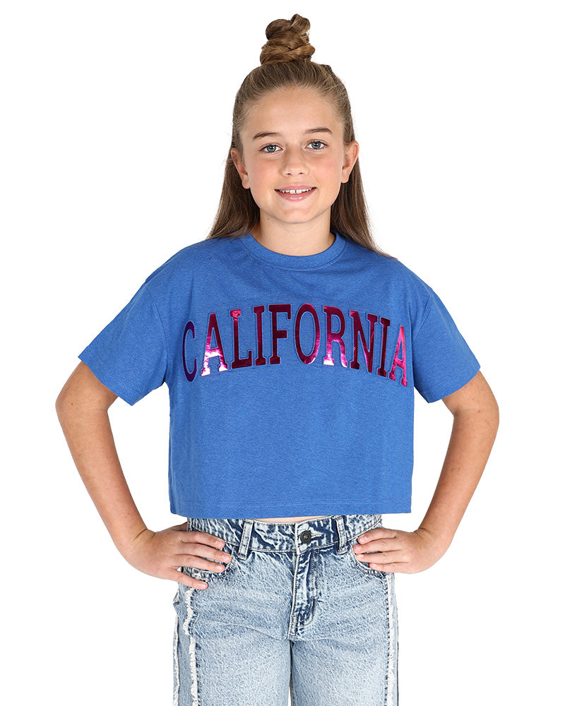 Short Sleeve California Embossed Cropped T-Shirt