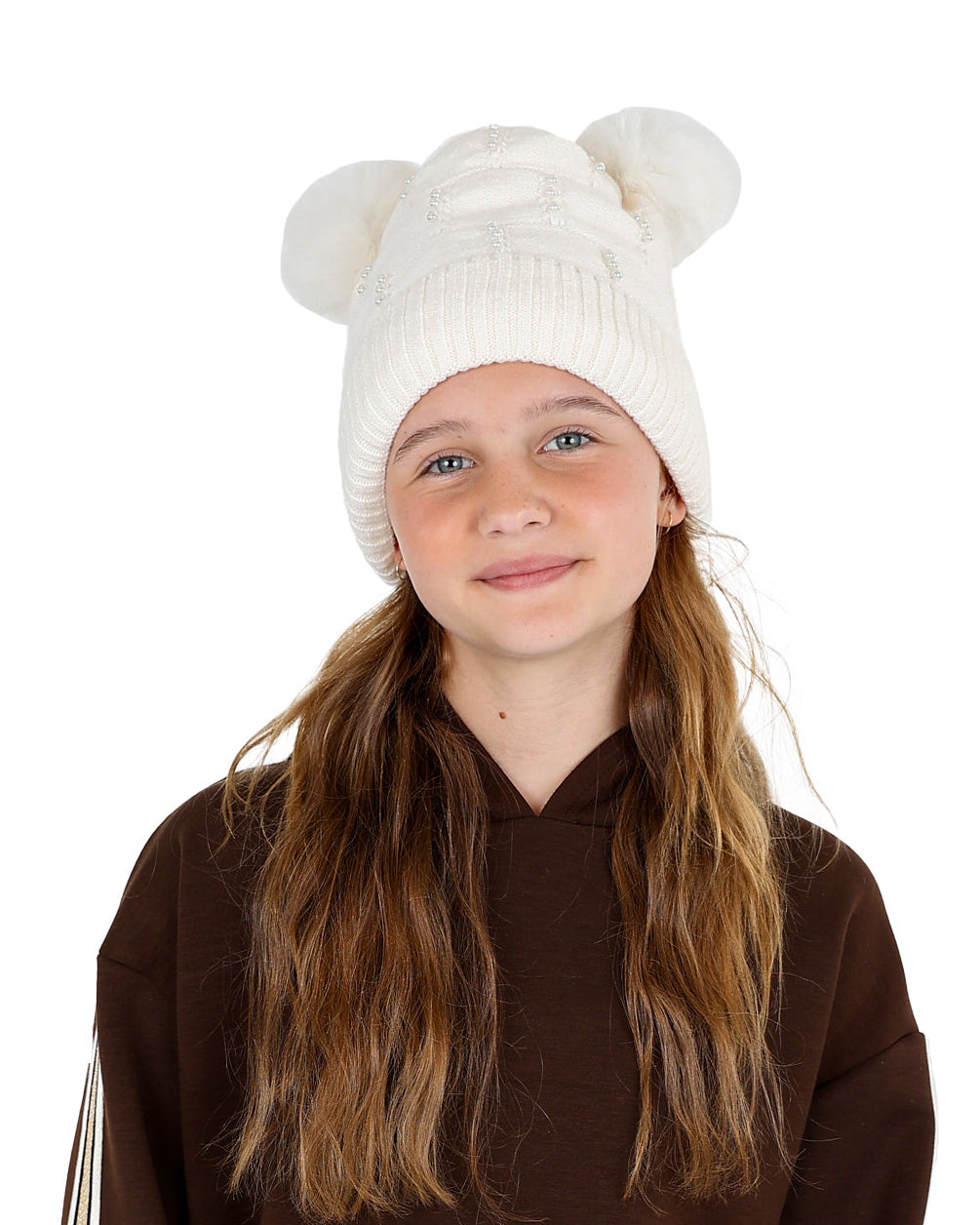 White Cluster Pearl Double Pompom Beanie