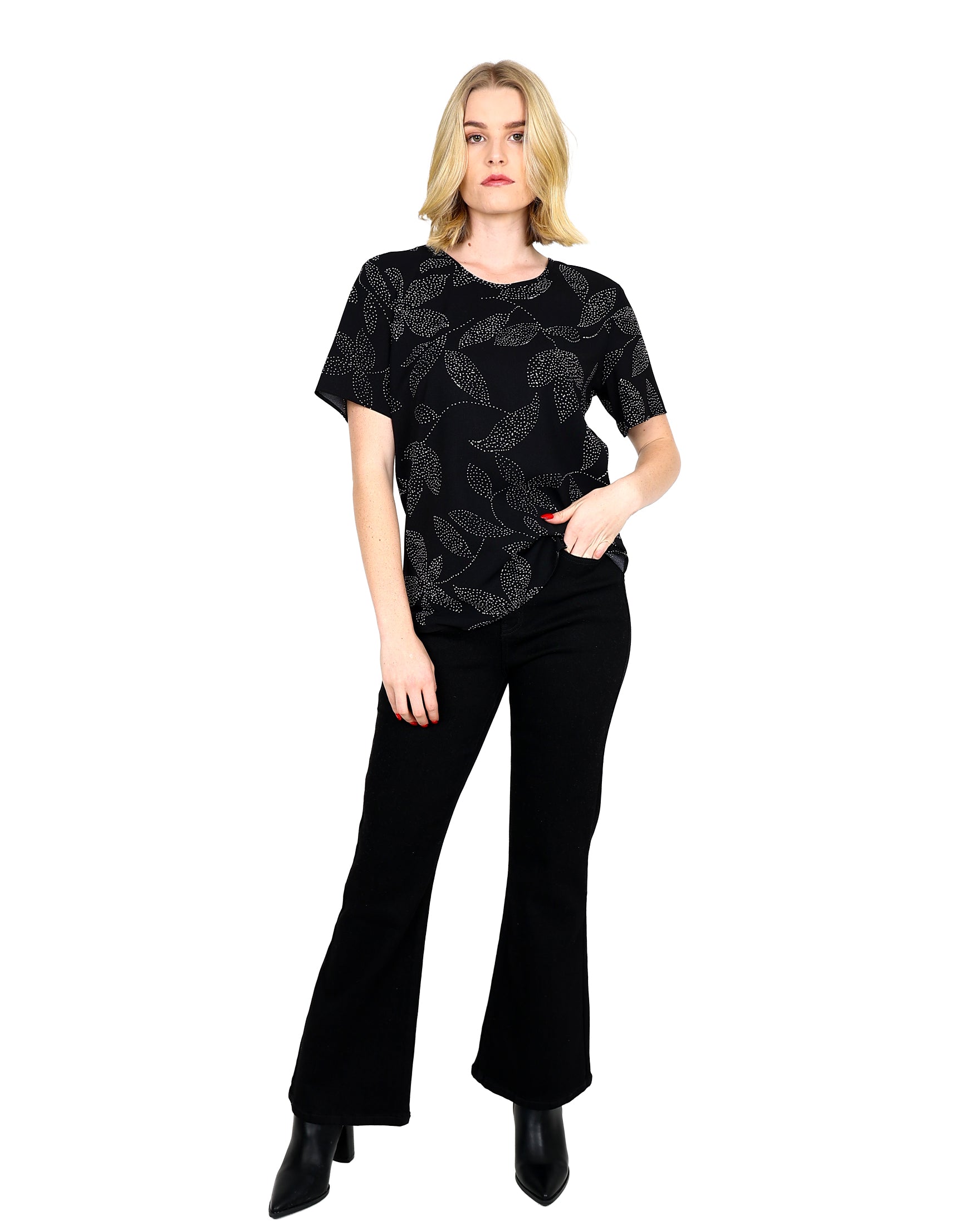 Short Sleeve Monochrome Leaf Print Round Neck Blouse