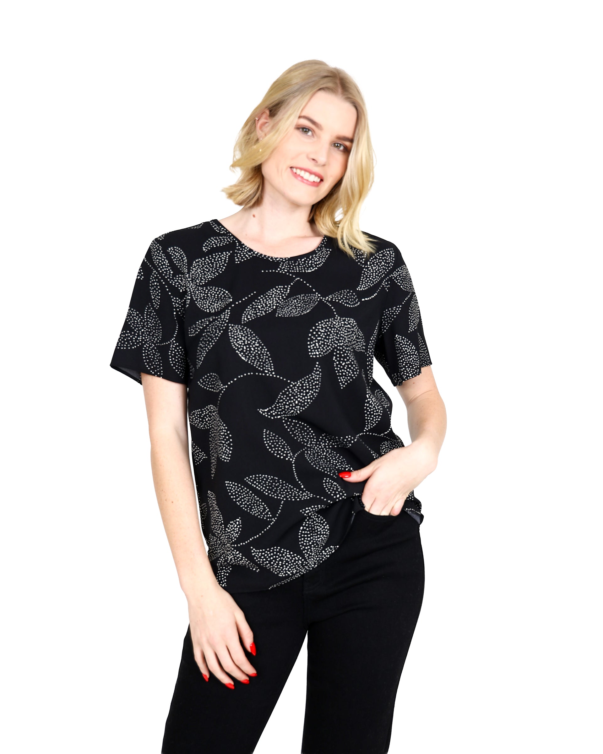 Short Sleeve Monochrome Leaf Print Round Neck Blouse