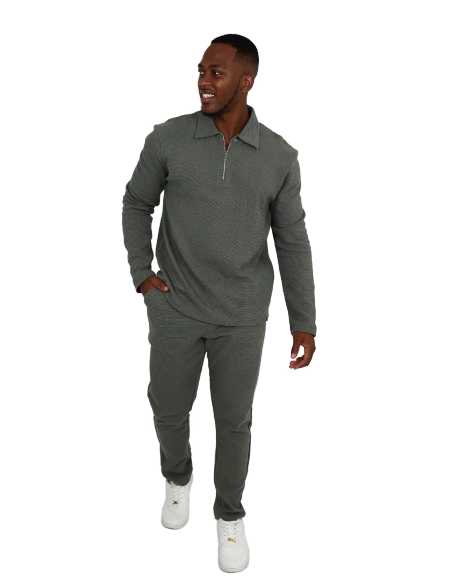 Long Sleeve Fatigue Basket Weave 1/4 Zip Cotton Sweatshirt