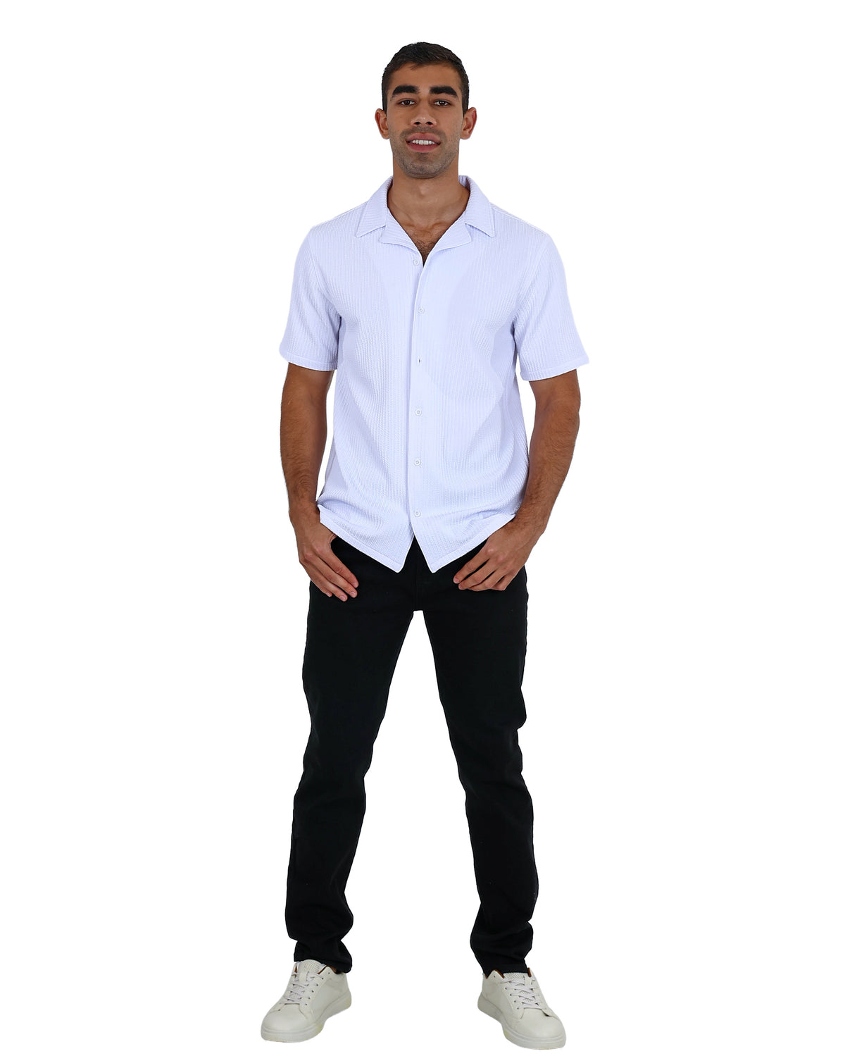 Short Sleeve Relaxed Fit Textured White Boxy Shirt