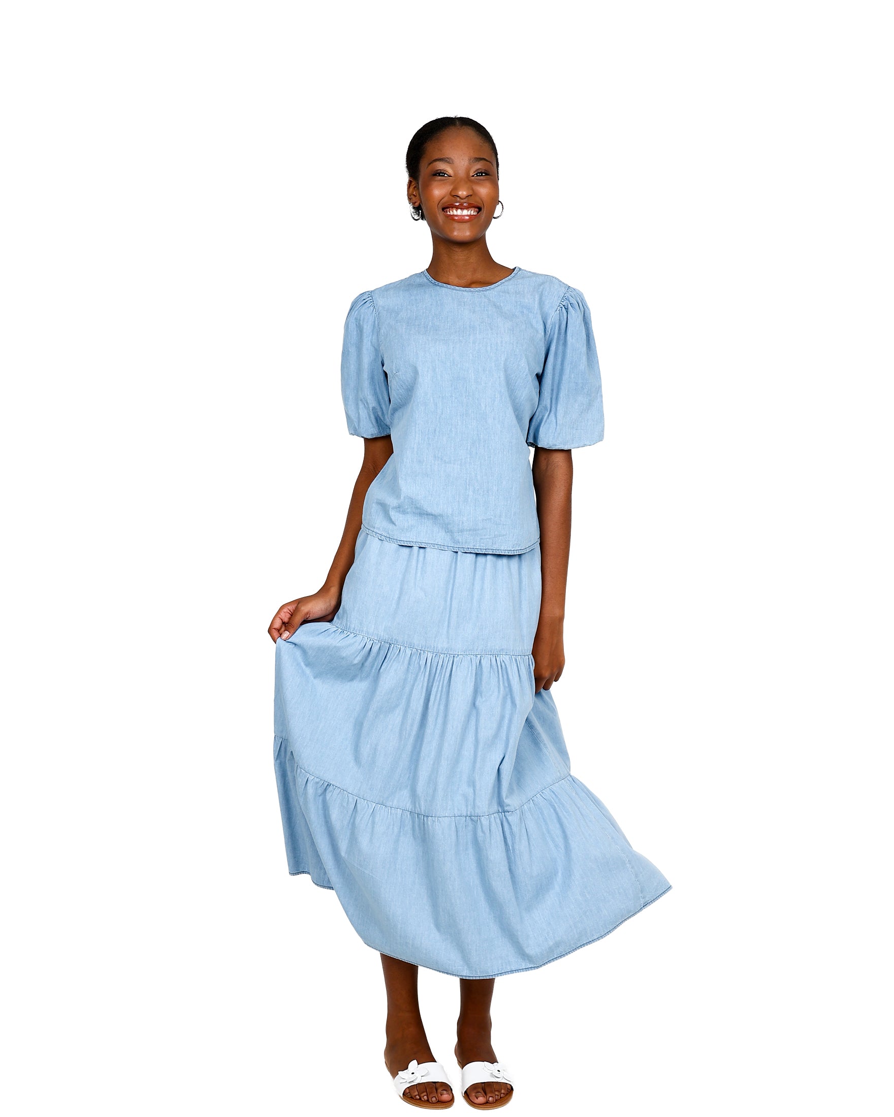 Denim Tiered Maxi Skirt