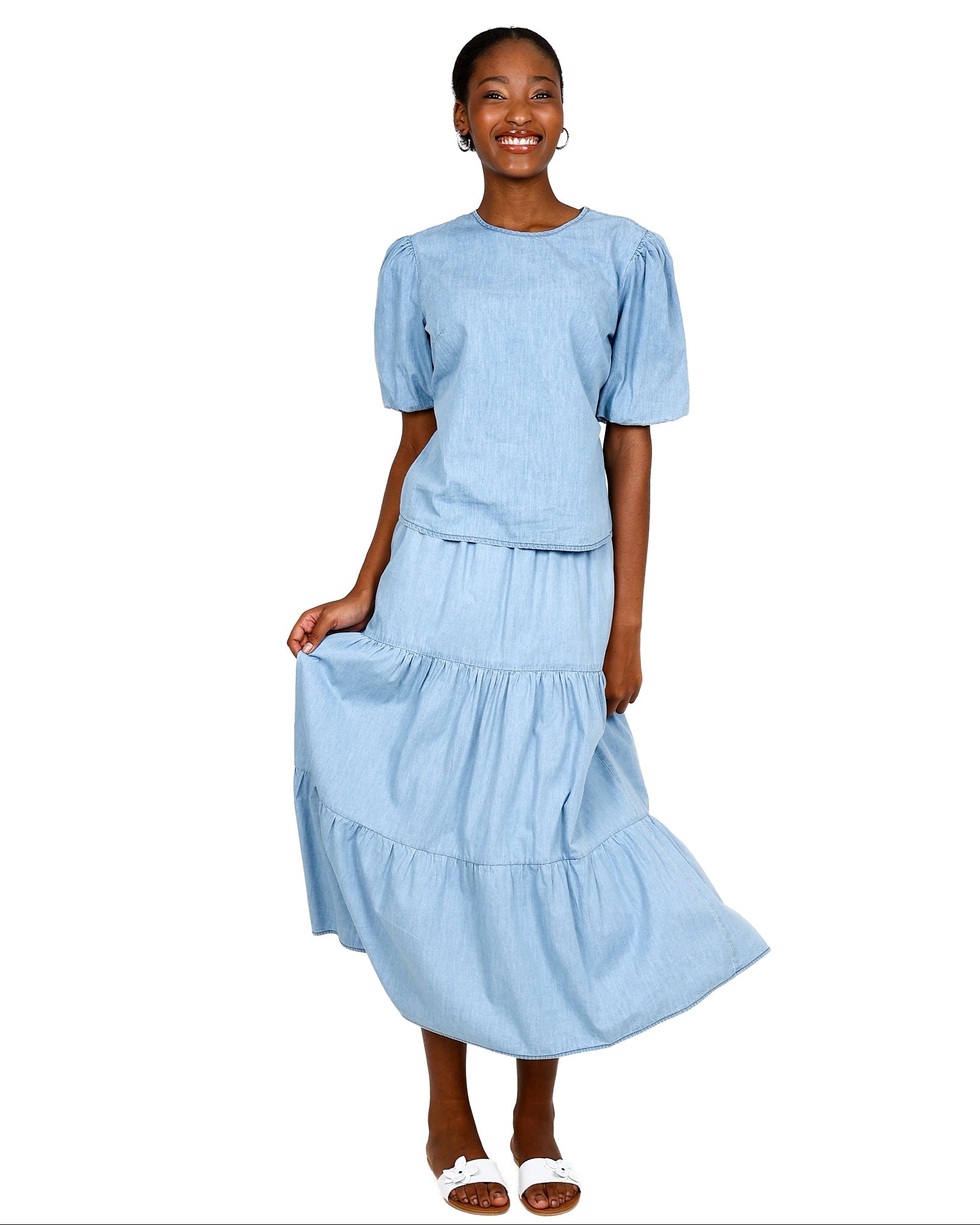 Denim Tiered Maxi Skirt