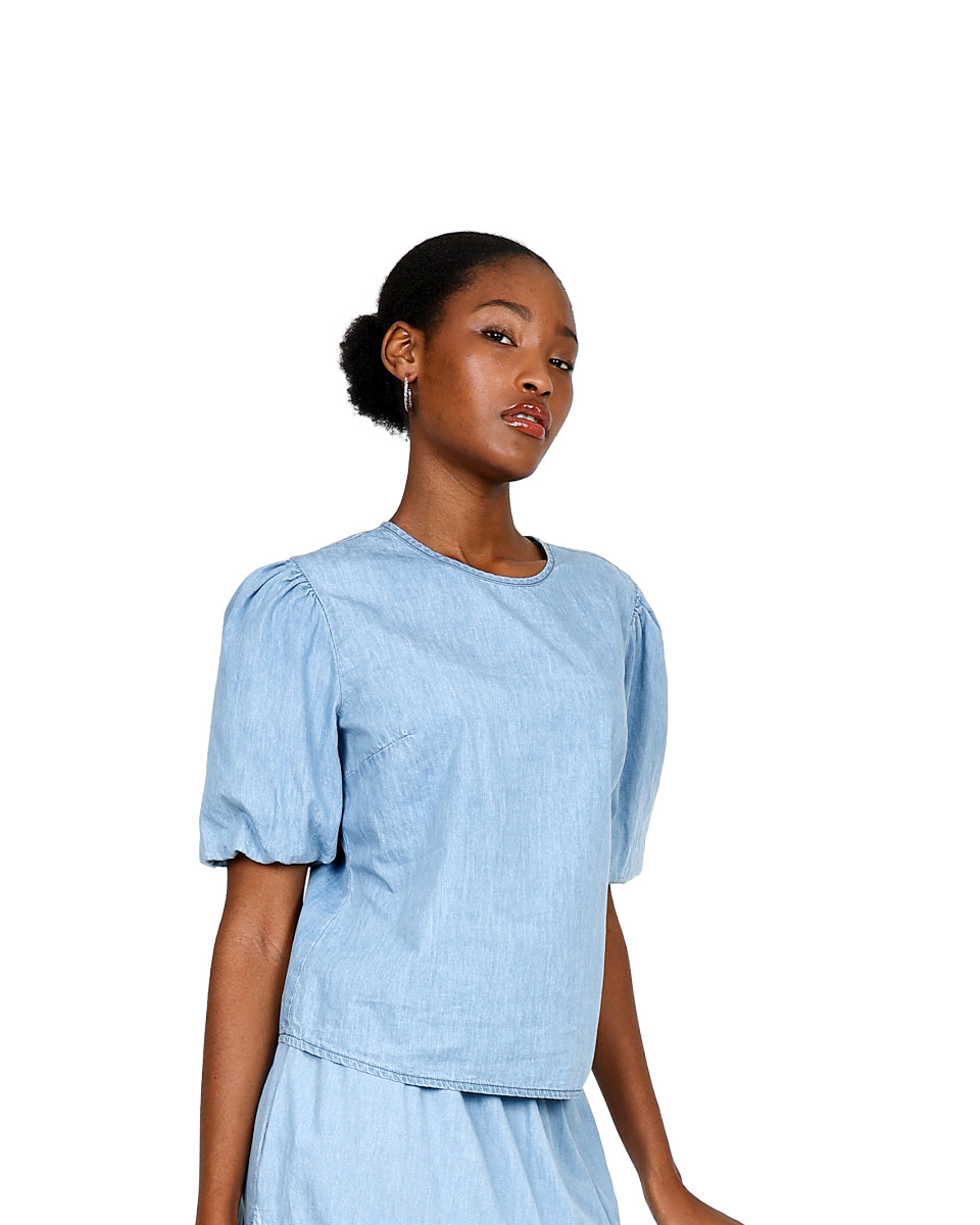 Denim Short Puff Sleeve Blouse