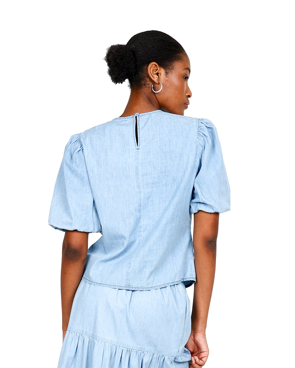 Denim Short Puff Sleeve Blouse