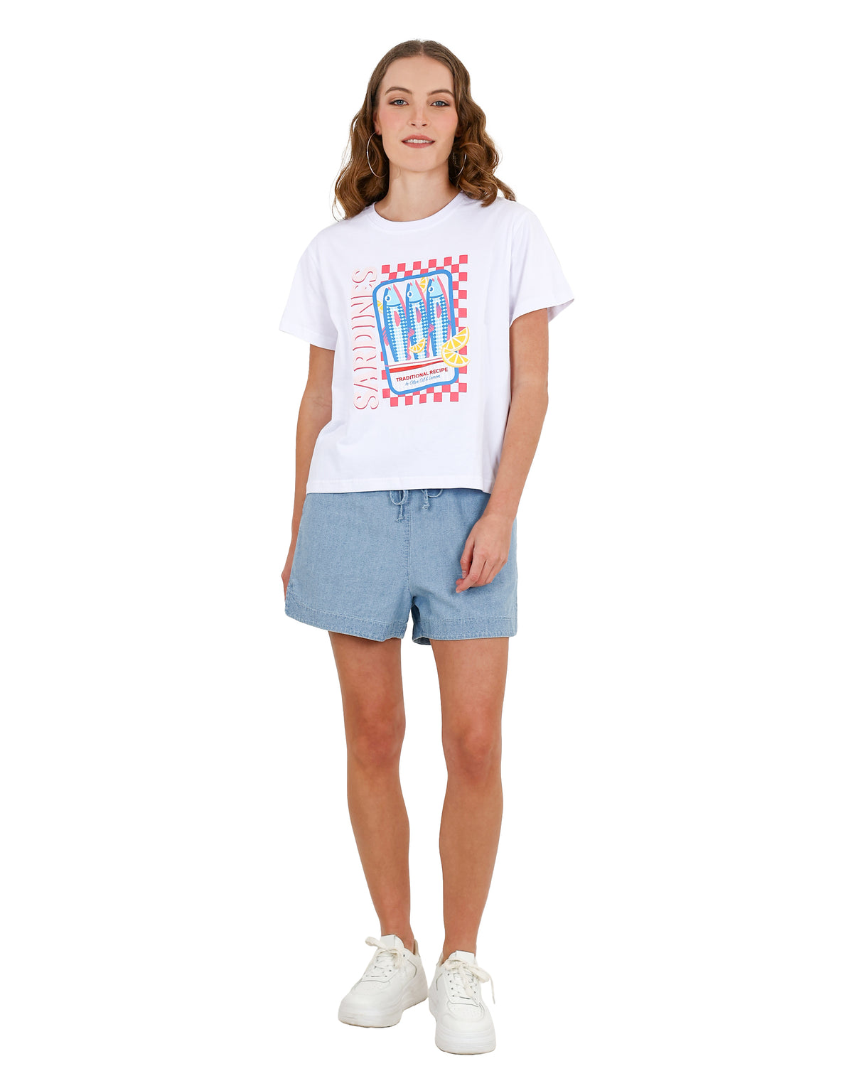 Short Sleeve White Crop Sardines Graphic T-Shirt