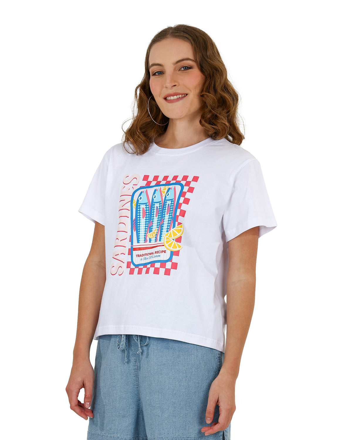 Short Sleeve White Crop Sardines Graphic T-Shirt