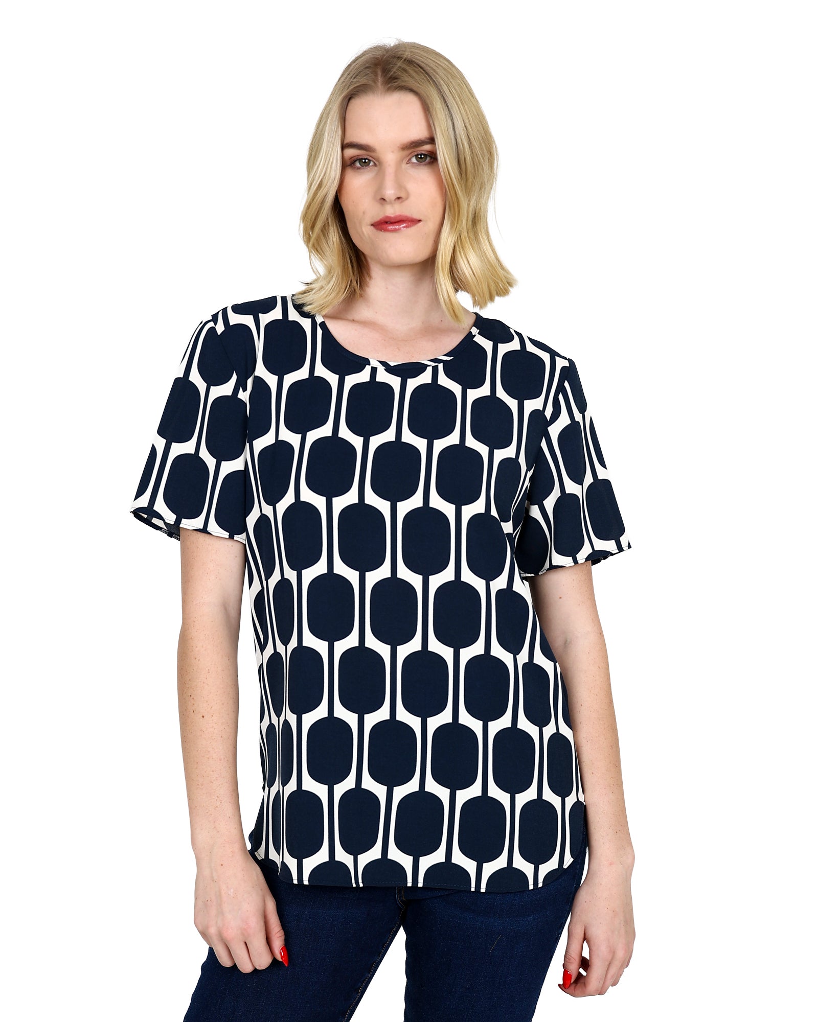 Short Sleeve Navy Print Round Neck Blouse