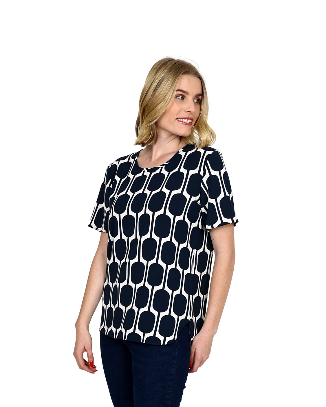 Short Sleeve Navy Print Round Neck Blouse
