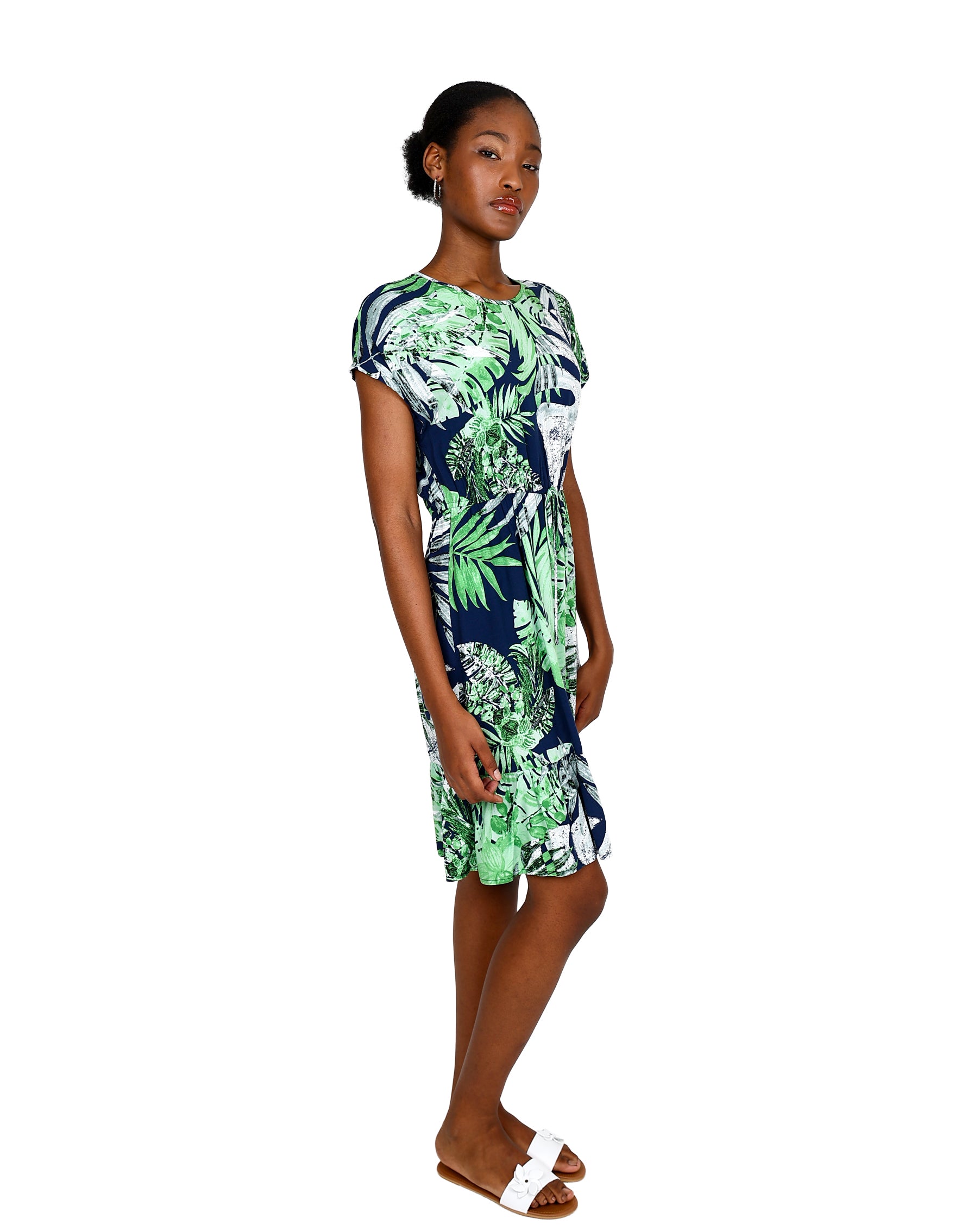 Short Sleeve Leaf Print Elastic Waist Dress
