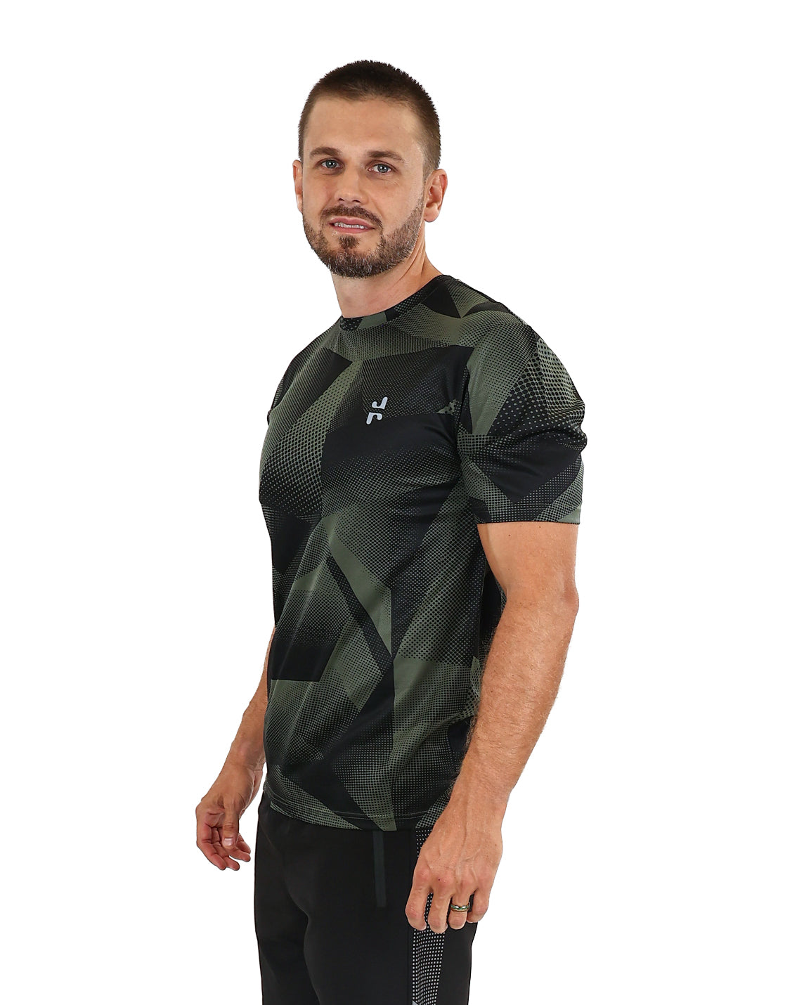 Short Sleeve Olive Geometric Printed Active Top
