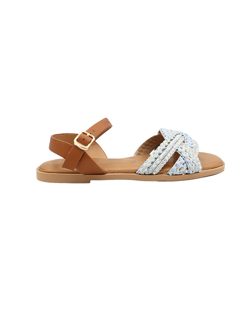 Blue Embellished Braid Detail Ankle Strap Sandals