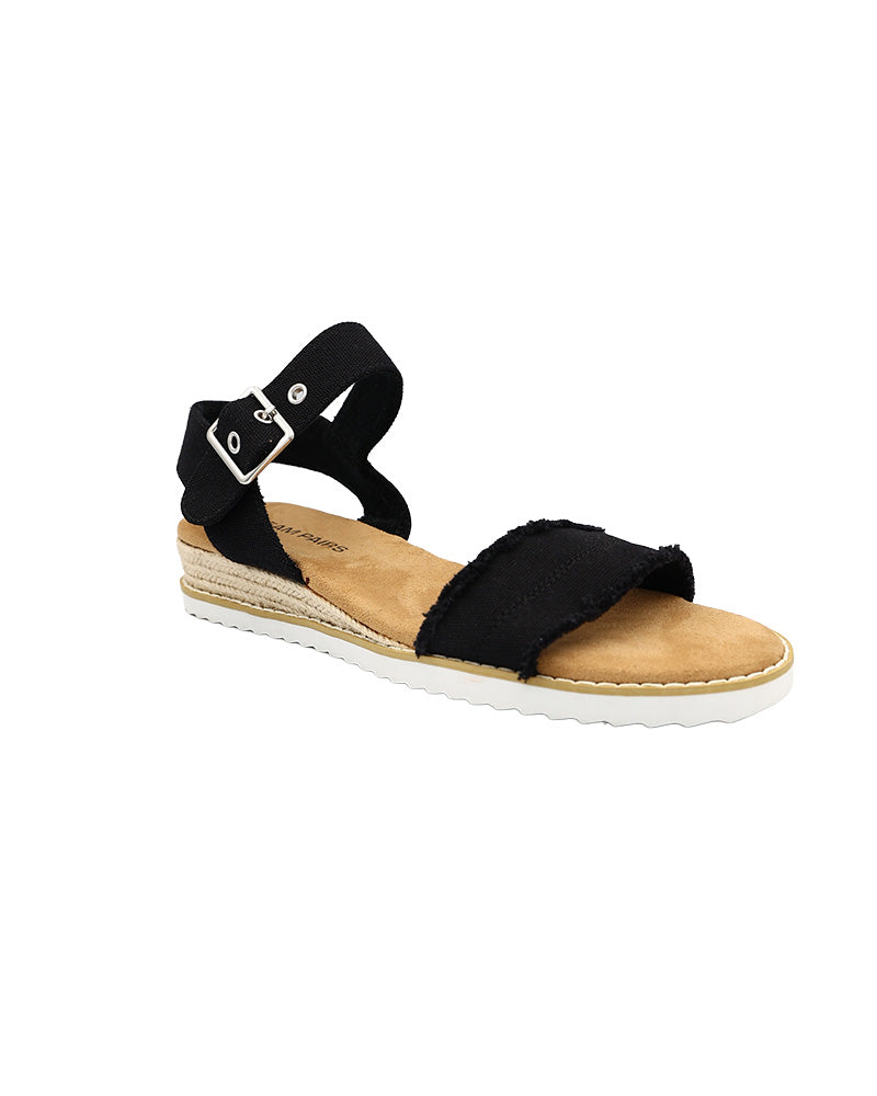 Black Canvas Frayedl Mini Wedge Sandals