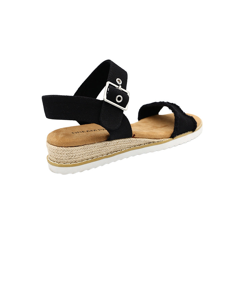 Black Canvas Frayedl Mini Wedge Sandals