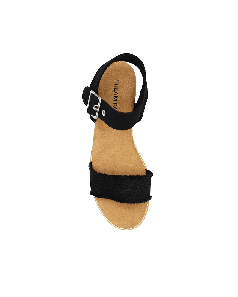 Black Canvas Frayedl Mini Wedge Sandals