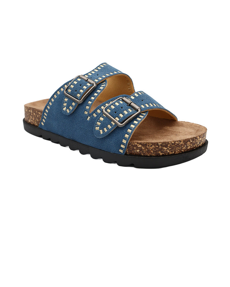 Blue Double Band Stitch Detail Cleated Mule
