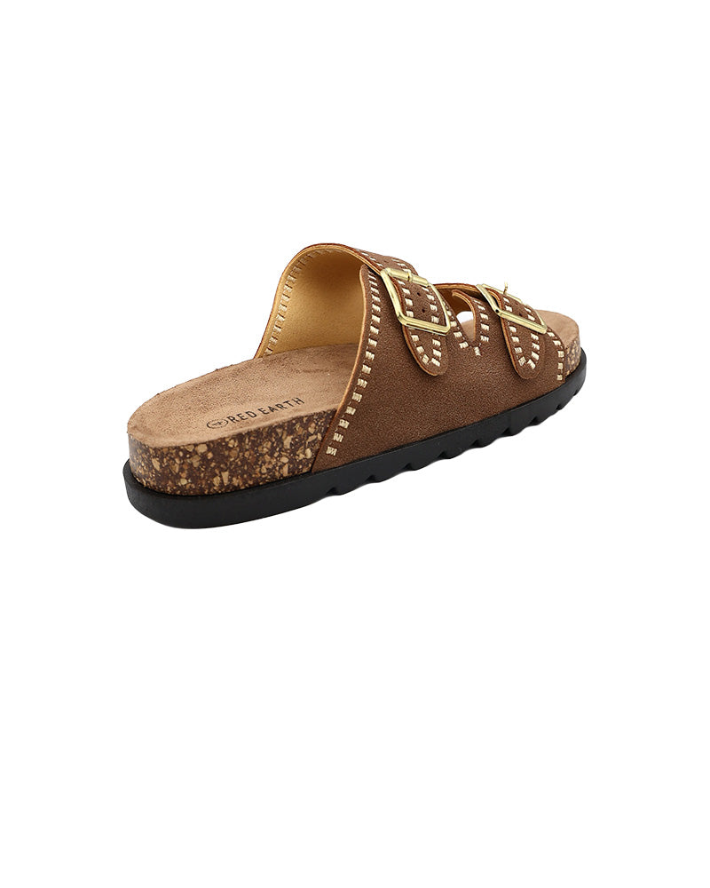 Brown Double Band Stitch Detail Cleated Mule