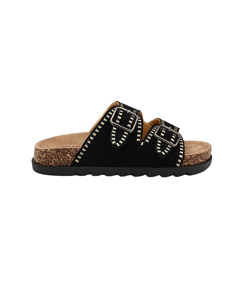 Black Double Band Stitch Detail Cleated Mule