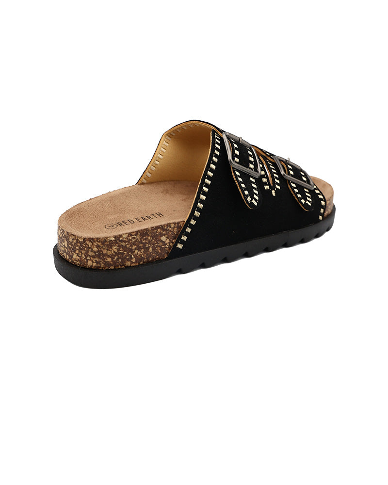 Black Double Band Stitch Detail Cleated Mule