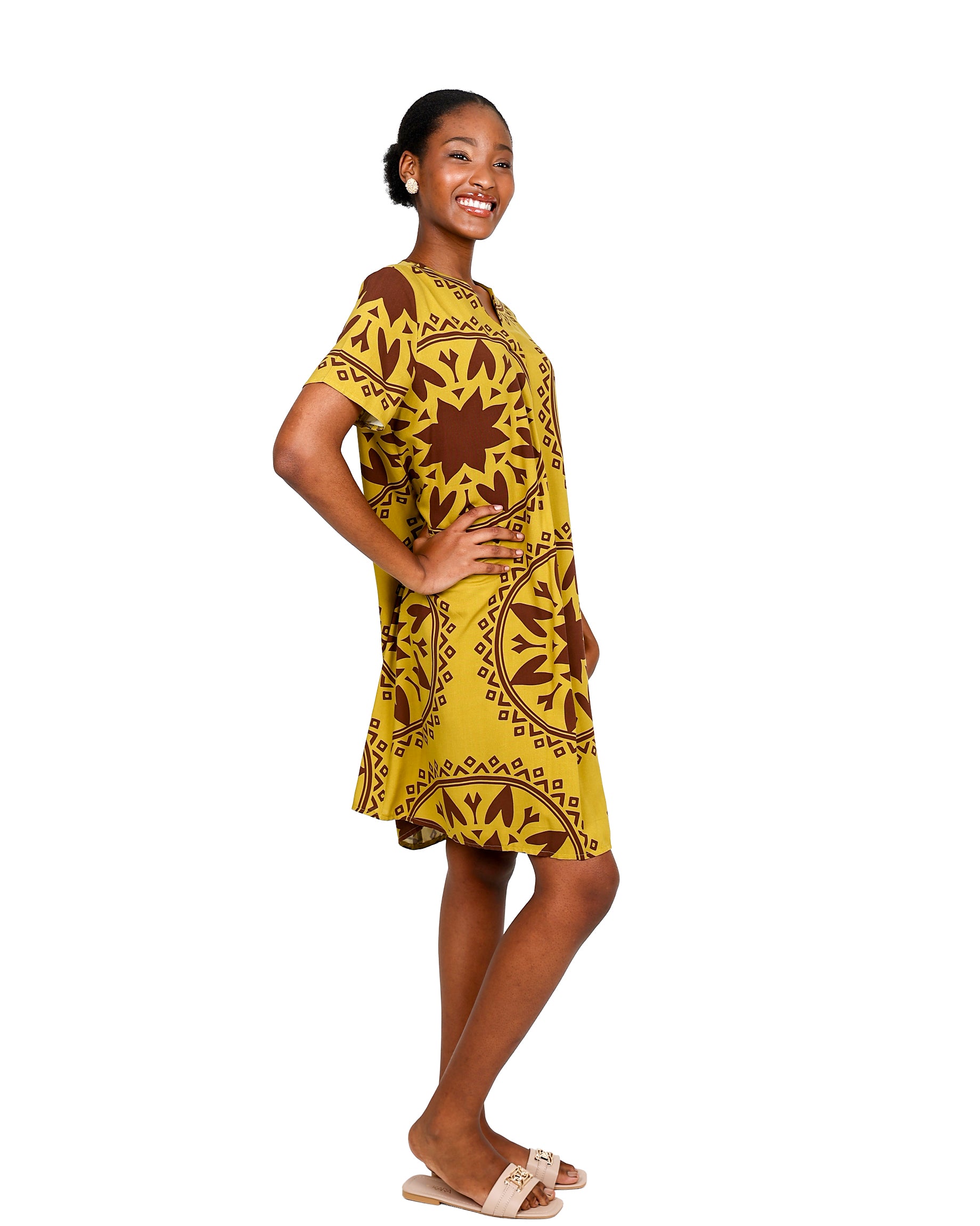 Mustard Short Sleeve Front Pleat Printed Shift Dress