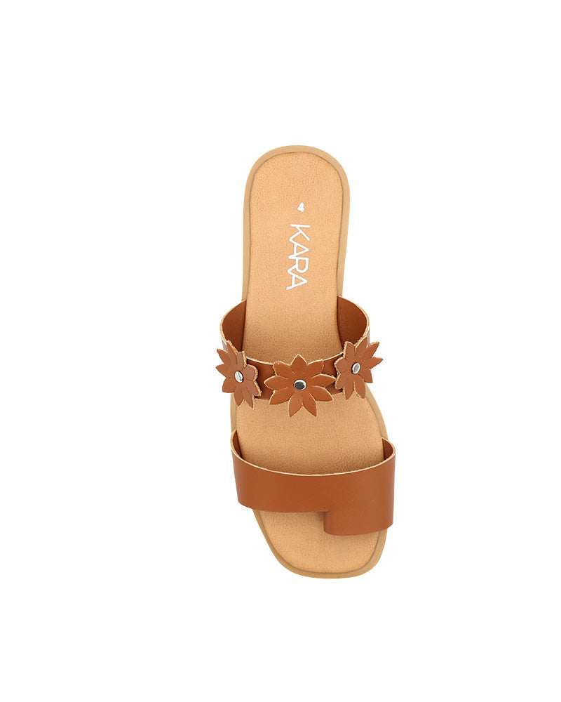 Tan Double Band Flower Detail Toepost Mule