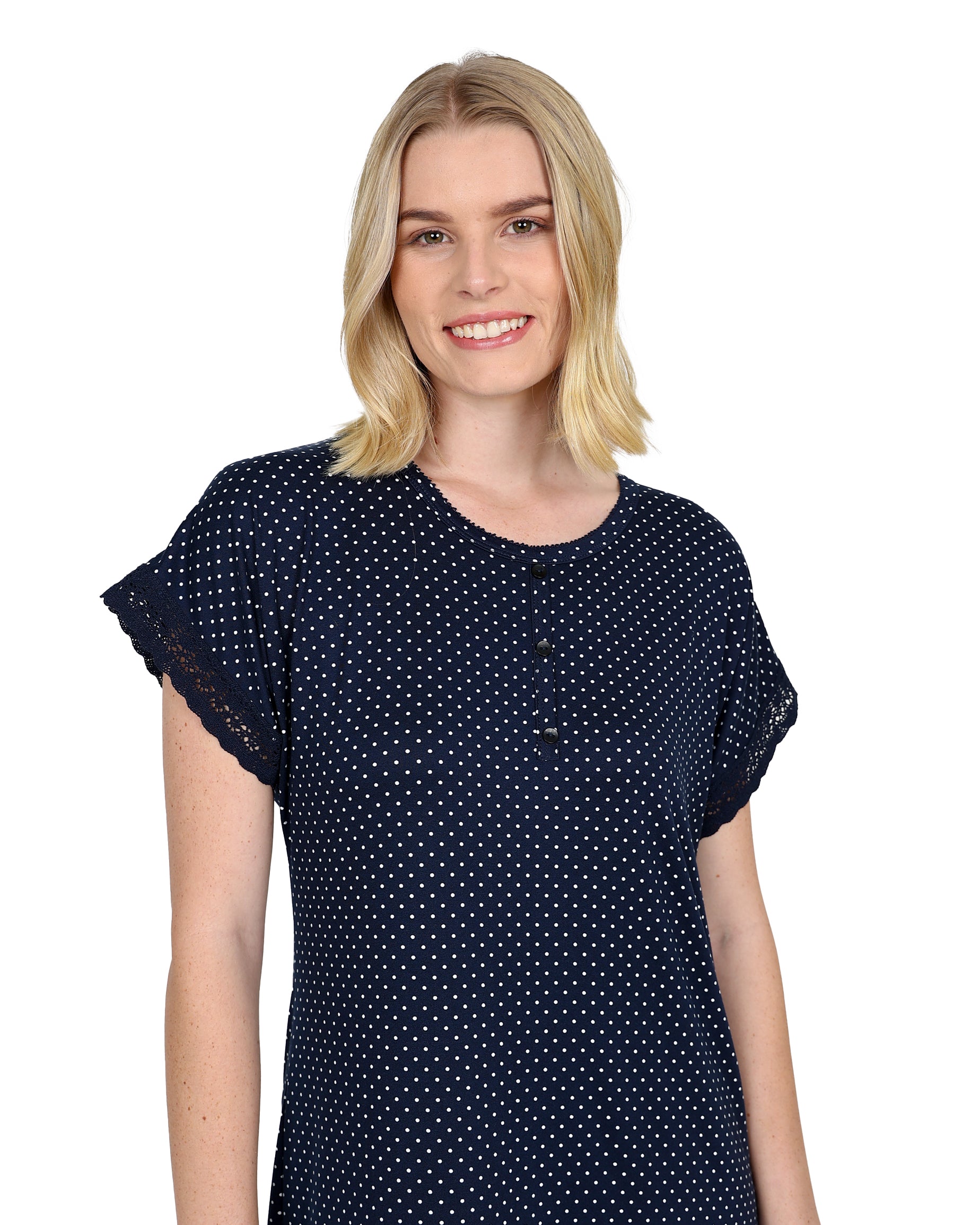 Short Sleeve Navy Polka Dot Henley Sleepshirt