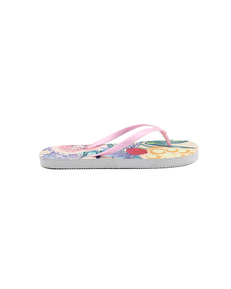 Nude Tropical Print Flip Flops