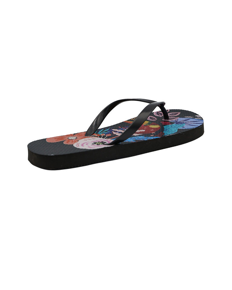 Black Tropical Print Flip Flops