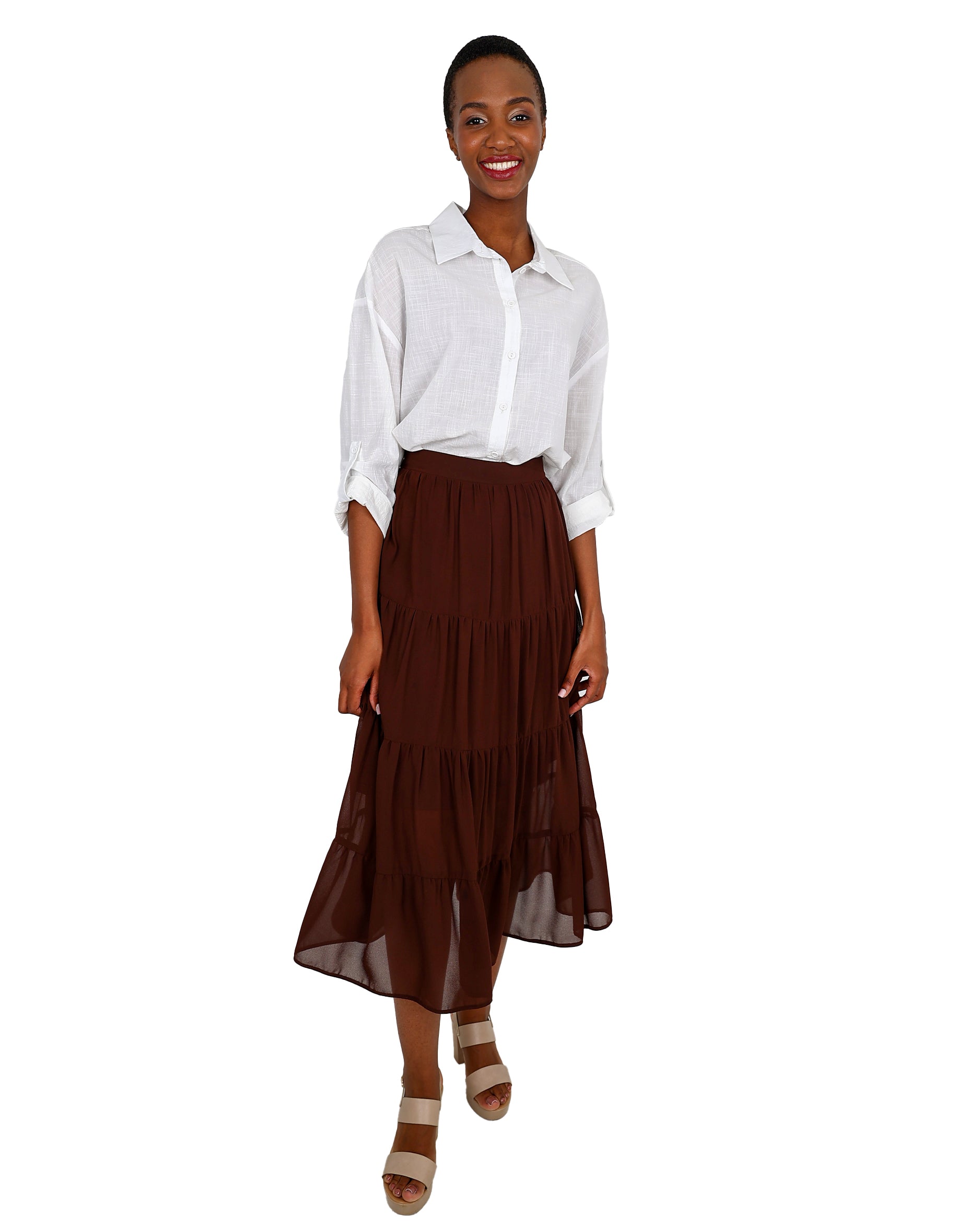Chocolate Four Tier Midi Prarie Skirt