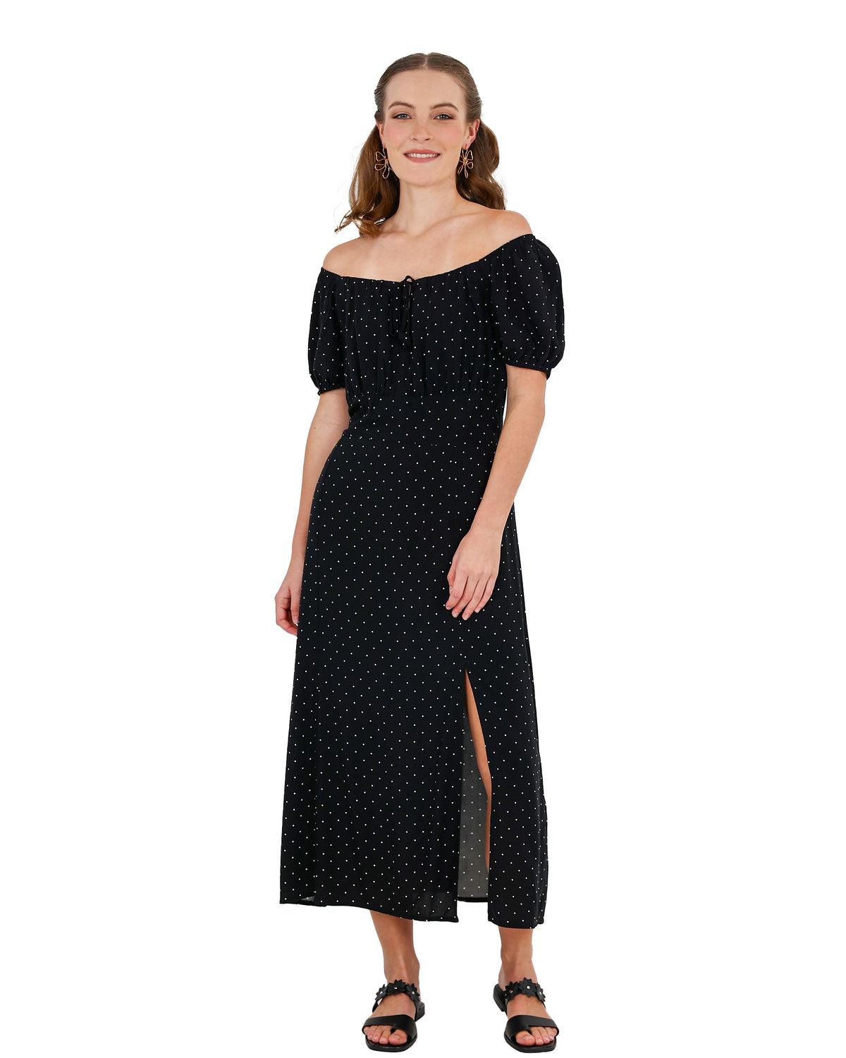 Off The Shoulder Black Polka Dot Maxi Dress