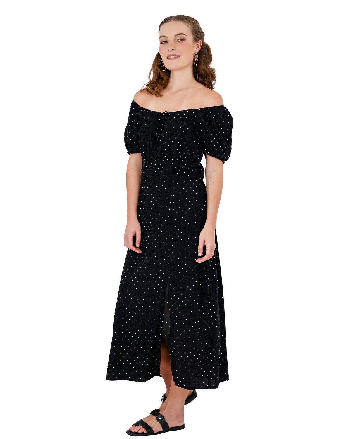 Off The Shoulder Black Polka Dot Maxi Dress
