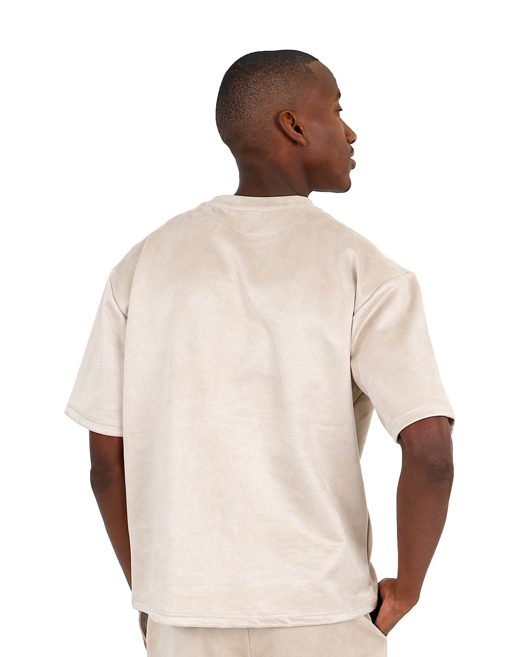 Short Sleeve Taupe Embroidered Suede Feel T-Shirt