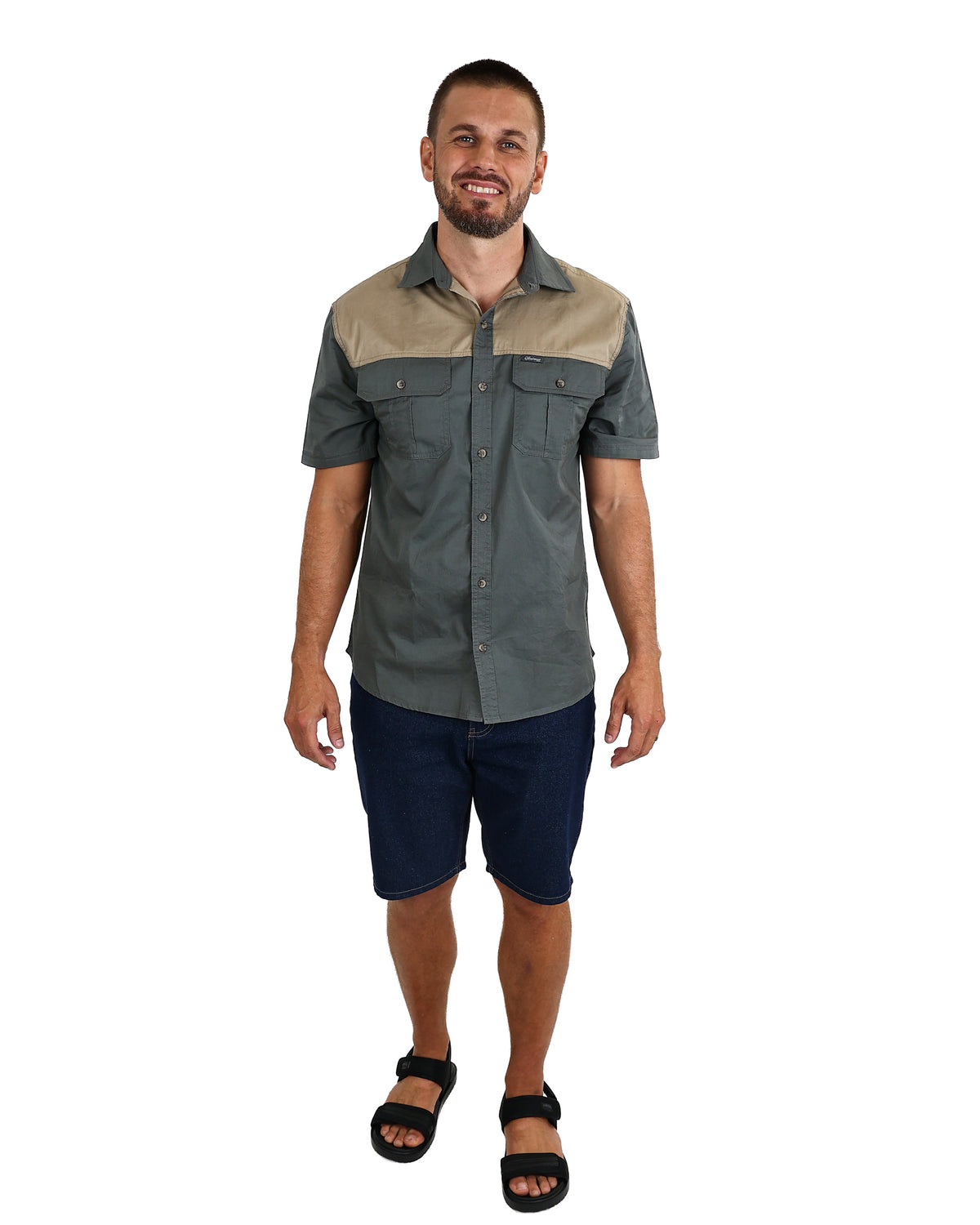 Okavango Short Sleeve Olive Two Tone Cotton Shirt
