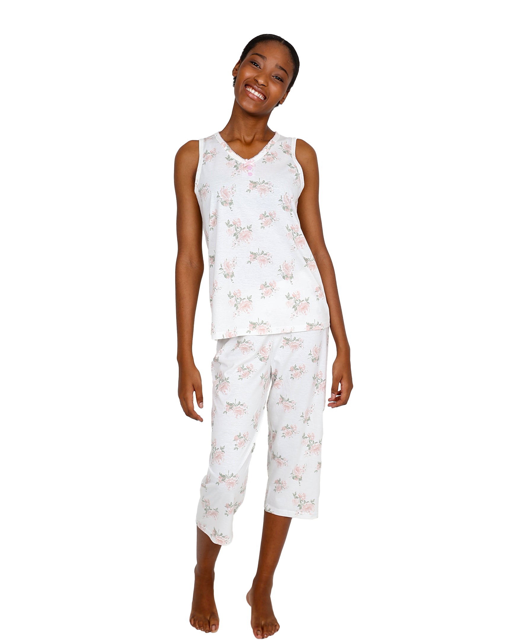 Sleeveless Cream Rose Print Capri Pajama Set