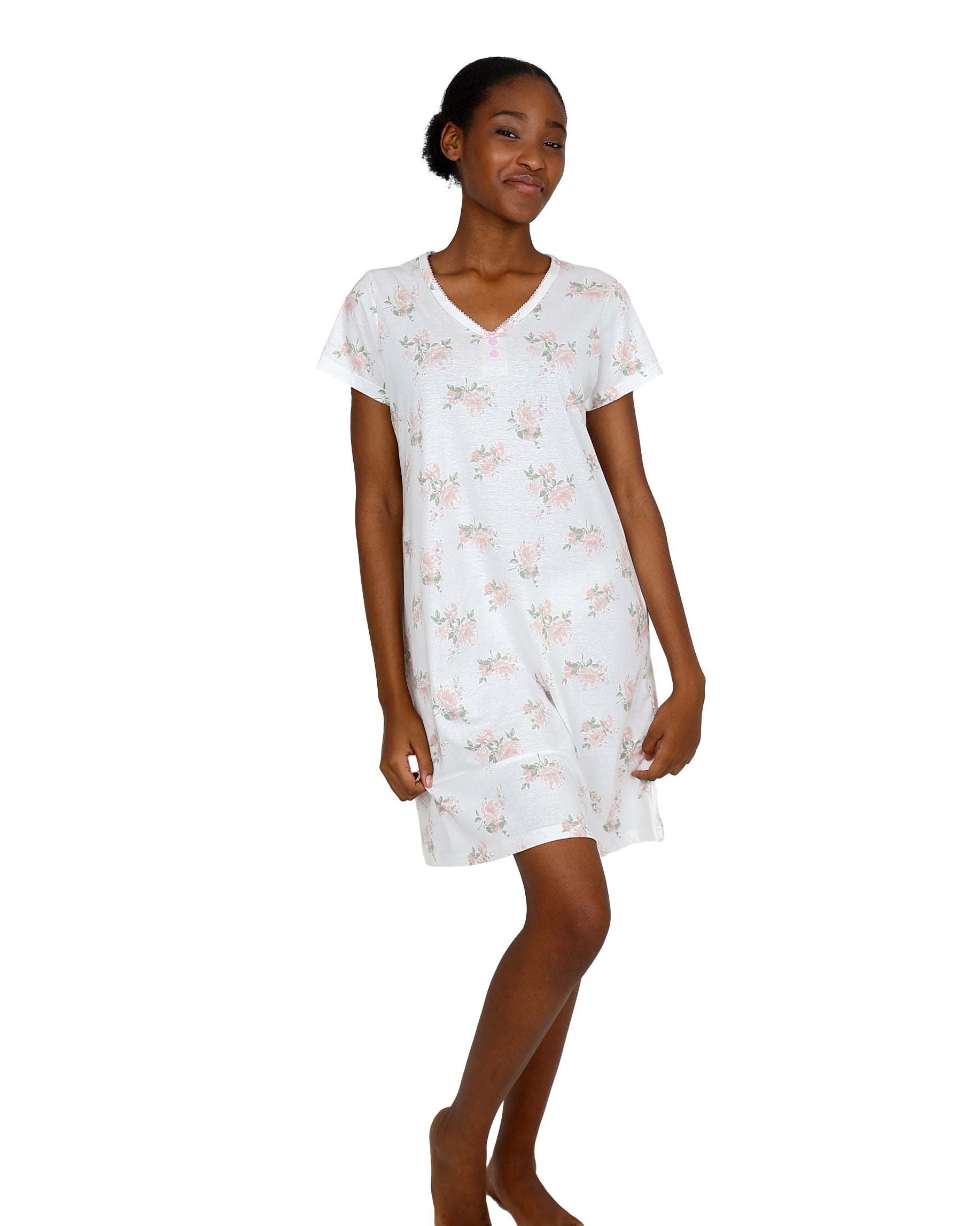 Short Sleeve Rose Print Cream V-Neck Sleepshirt