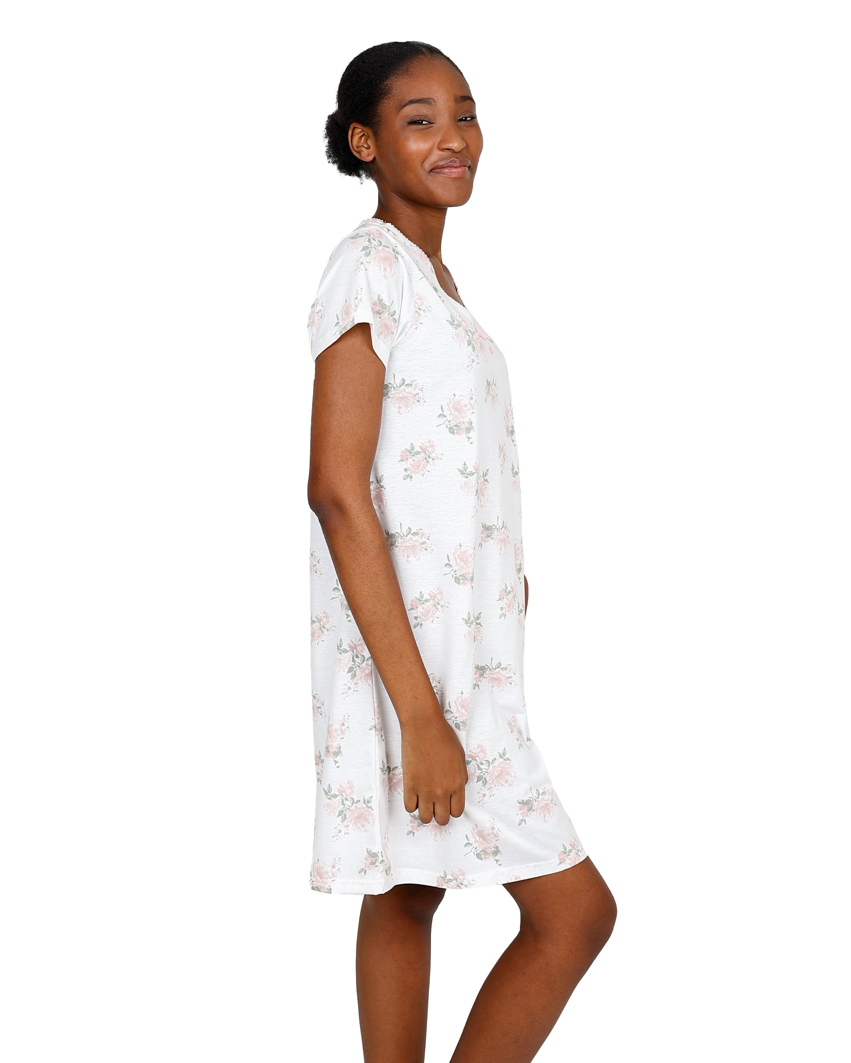Short Sleeve Rose Print Cream V-Neck Sleepshirt