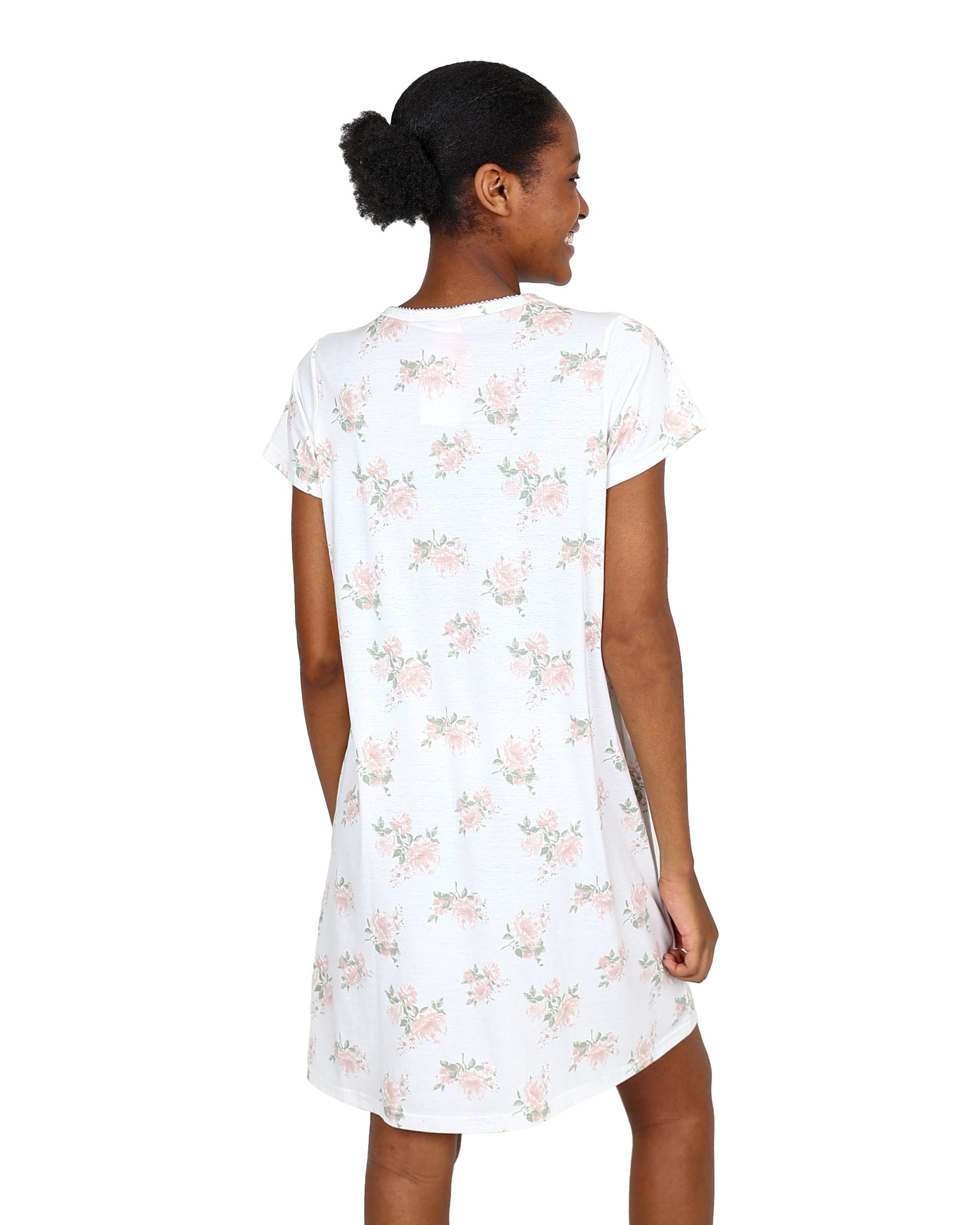 Short Sleeve Rose Print Cream V-Neck Sleepshirt