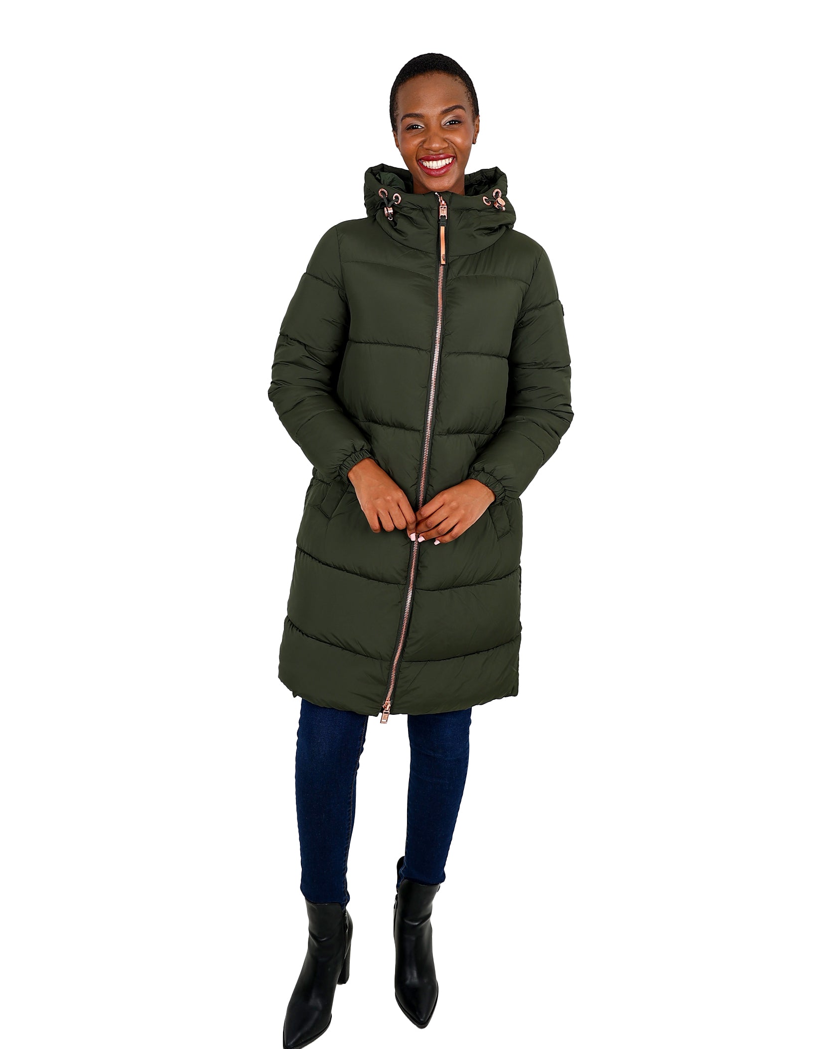 Olive Knee Length Padded Hooded Jacket