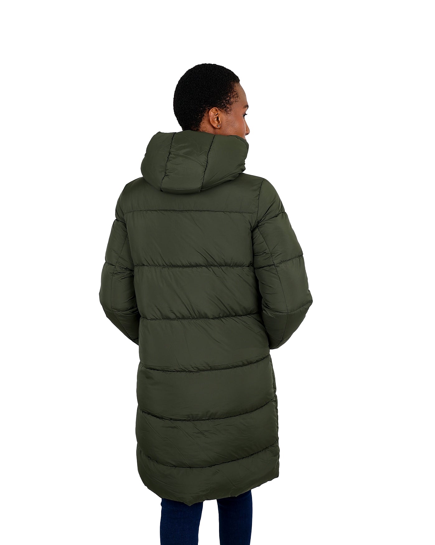 Olive Knee Length Padded Hooded Jacket