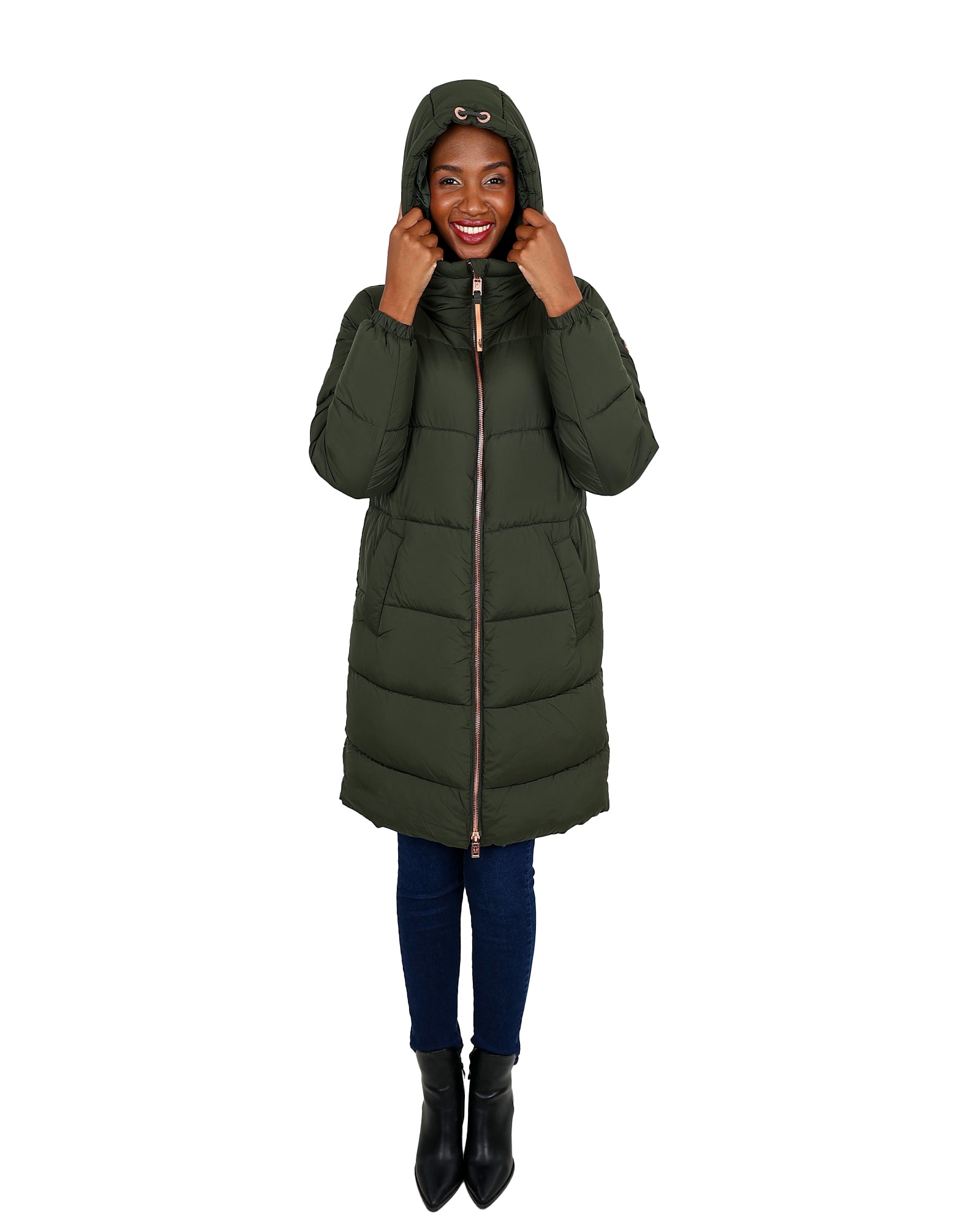 Olive Knee Length Padded Hooded Jacket