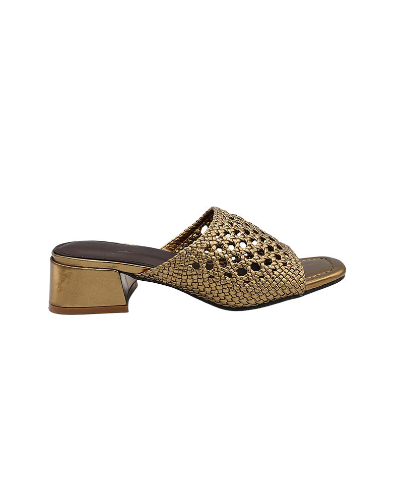 Gold Weave Detail Slip On Block Heel