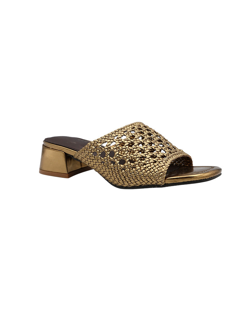Gold Weave Detail Slip On Block Heel