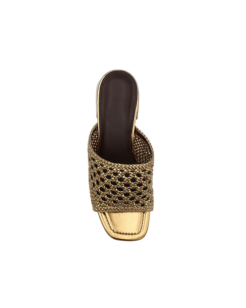 Gold Weave Detail Slip On Block Heel