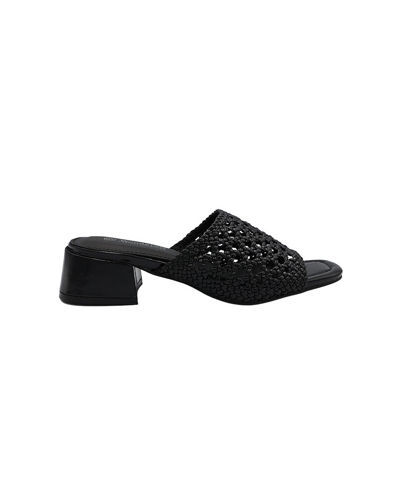 Black Weave Detail Slip On Block Heel