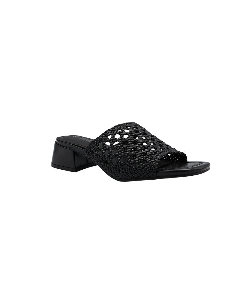 Black Weave Detail Slip On Block Heel