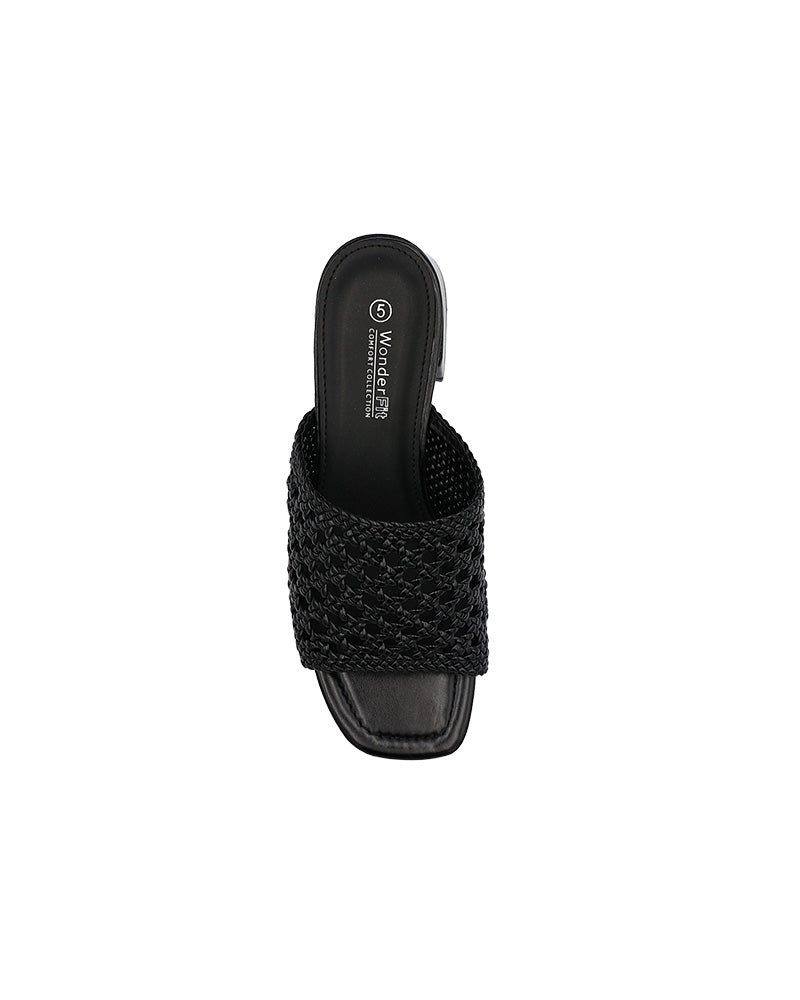 Black Weave Detail Slip On Block Heel
